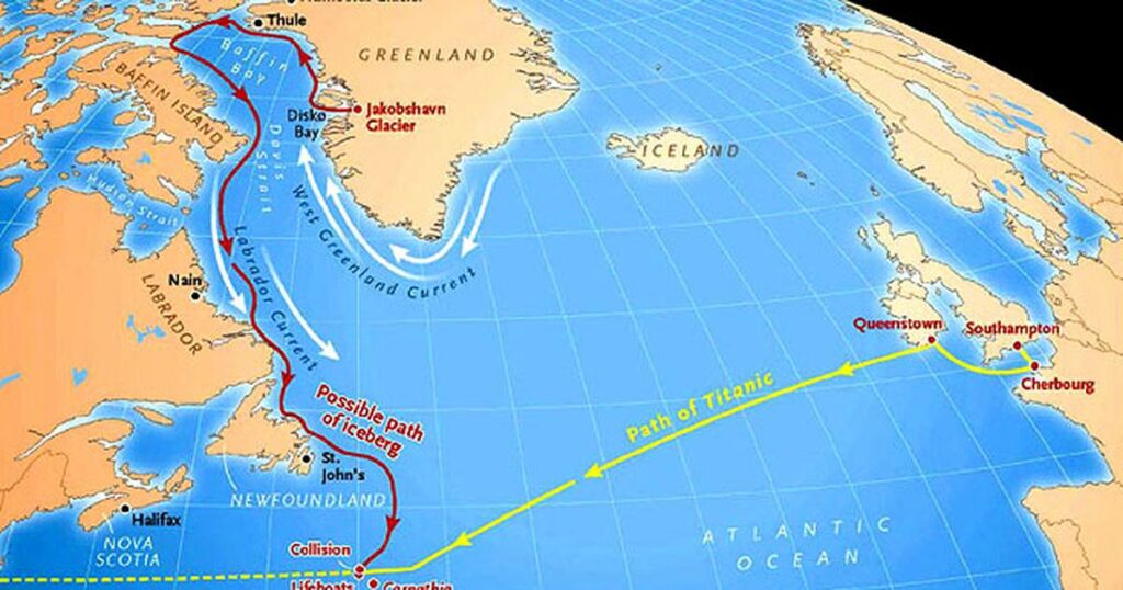 The location when the Titanic was sinking is depicted on this map.