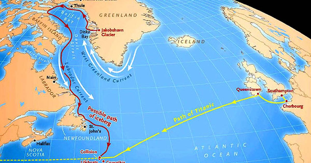На какой где затонул титаник. Маршрут Титаника. Титаник маршрут плавания. Северная Атлантика место крушения Титаника. Маршрут Титаника 1912 на карте.